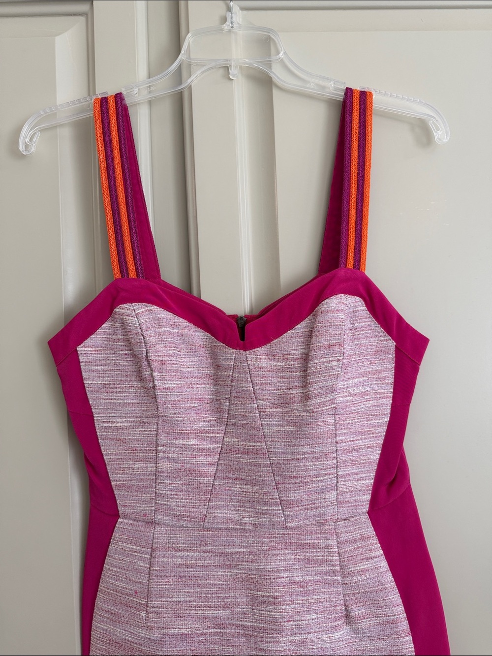 Madison Marcus Small Fuchsia Sheath Dress with Pink Tweed Panel & Striped Straps - Picture 3 of 9